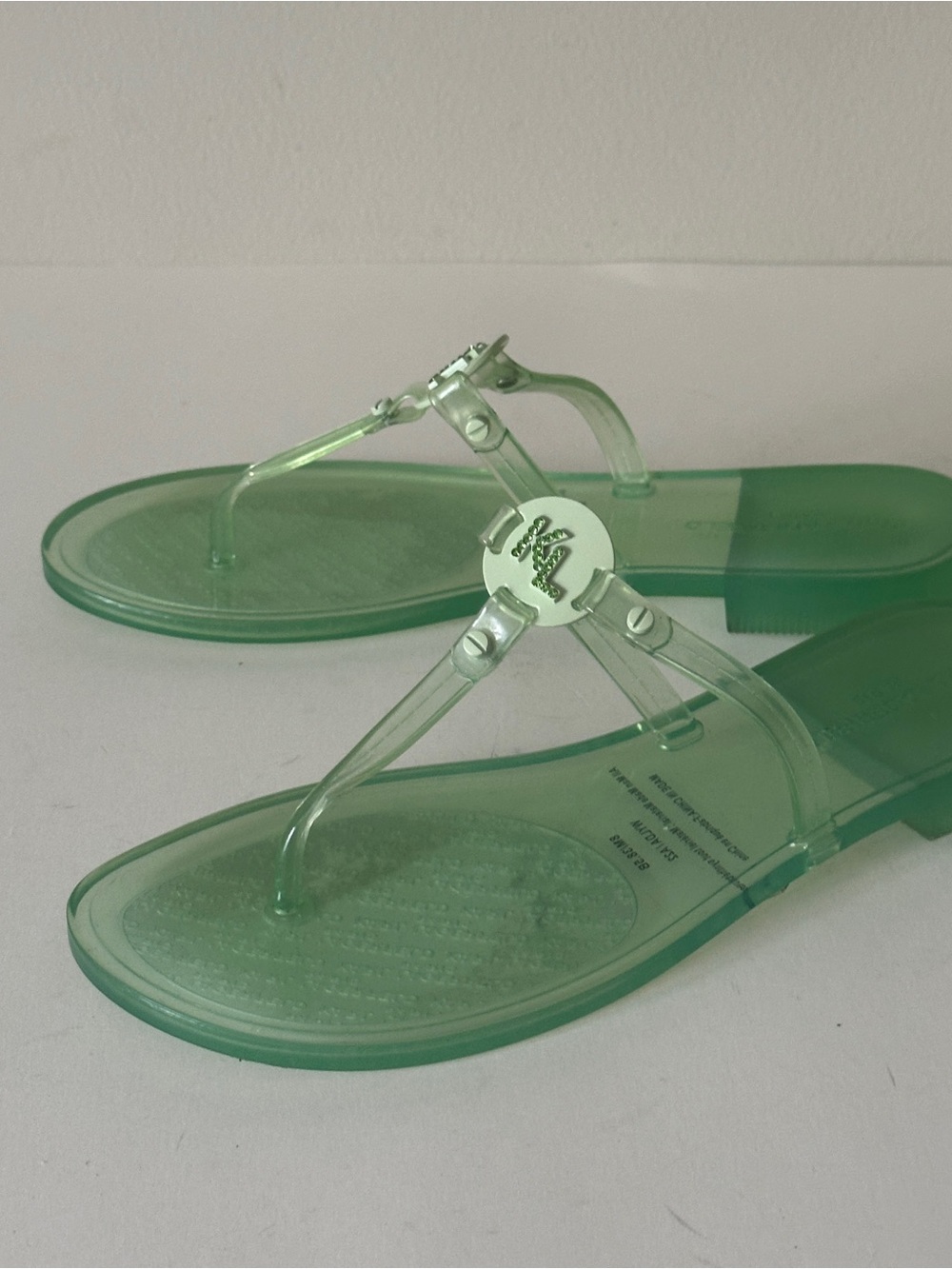 NEW Karl Legerfeld Paris Clear Green Jelly Thong Sandals with Logo Accent, Sz 8M